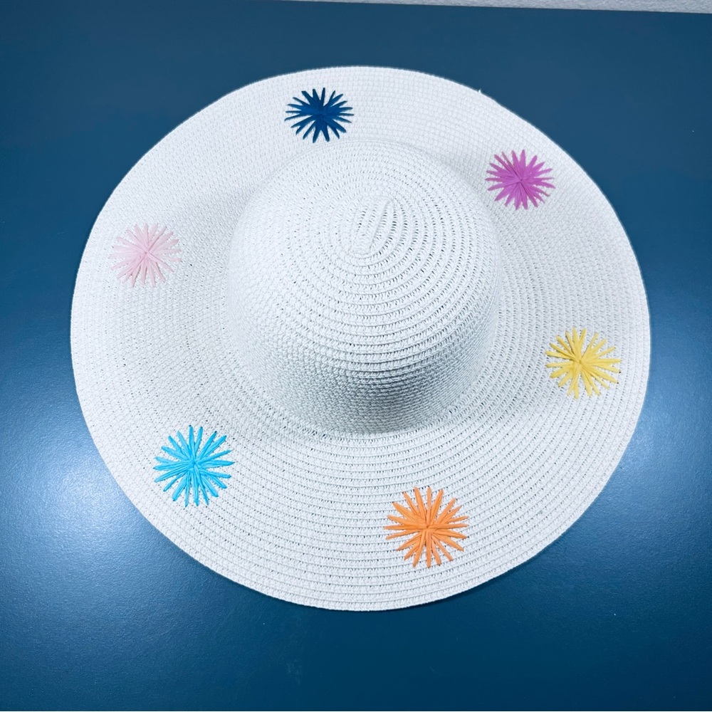 Marcus Adler White Straw Sun Hat Colorful Starburst Wide Brim Beach Resort - Picture 2 of 10